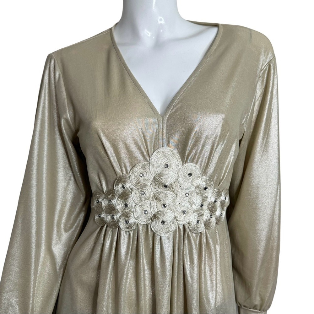 BEIGE bY eci Rhinestones V-Neck Long Sleeve Metallic Beige Blouse - Picture 5 of 6